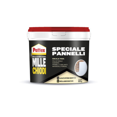 Pattex Mille Chiodi Speciale Pannelli è un adesivo base acqua ideale per l’incollaggio di elementi decorativi, pannelli isolanti (termici e acustici) in diversi materiali tra cui polistirolo, poliuretano espanso, lana di roccia e di vetro, sughero, plastica (eccetto PE, PP, PTFE), legno in interni. Elevato potere riempitivo. 